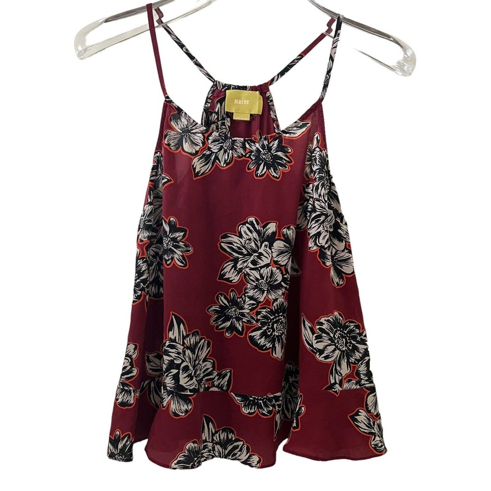Anthropologie Maeve Zabella 100% Silk Maroon Floral Ruffled Tank Top - Size 4